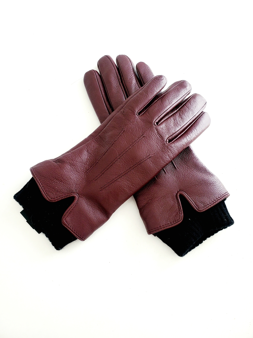 Reitmans Women's Burgundy Leather Gloves with Black Knit Cuffs - Size M